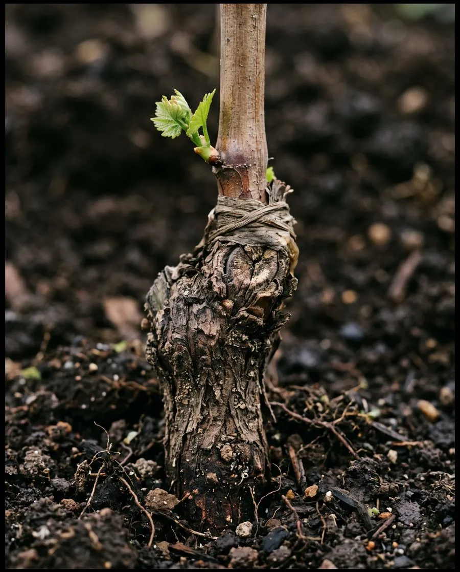 Old rootstock below, new growth breaking above, at the join.